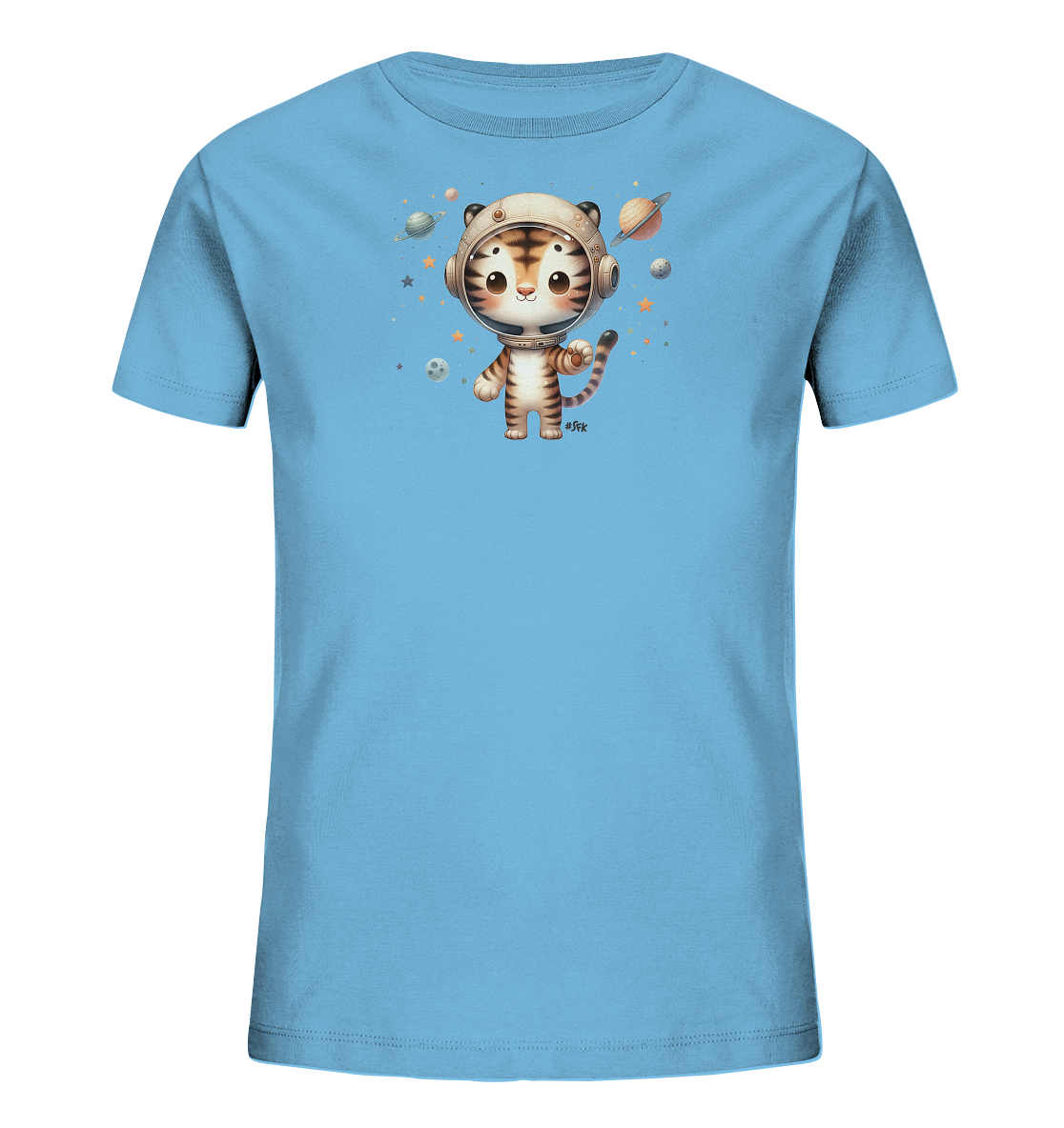 Onlineshop Shirts fuer Kinder - Dieses hellblaue Kinder-T-Shirt zeigt eine niedliche, comicartige Illustration eines kleinen Tigers. Der Tiger traegt einen Astronautenhelm und ist von verschiedenen Planeten, Sternen und Himmelskoerpern umgeben. Das Design vermittelt ein Gefuehl von Weltraumabenteuer und ist ansprechend fuer Kinder gestaltet.
