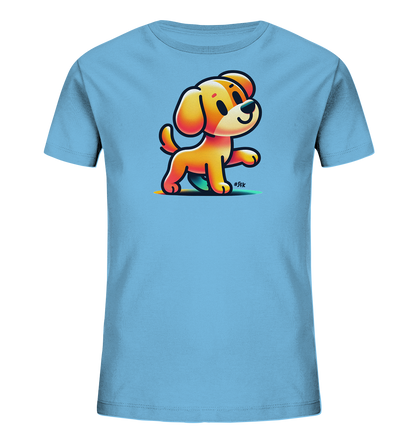 Kinder T-Shirt mit hellbraunem Cartoon-Hund, Lächeln und erhobener Pfote