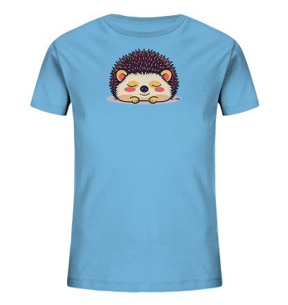 Onlineshop Shirts fuer Kinder - Das Bild zeigt ein hellblaues T-Shirt fuer Kinder. Auf der Vorderseite befindet sich eine niedliche, cartoonartige Illustration eines friedlich schlafenden Igels. Der Igel hat geschlossene Augen, rosige Wangen und braune Stacheln, die ihm ein sehr suesses Aussehen verleihen. Dieses Design wirkt beruhigend und ist ideal fuer kleine Tierliebhaber.