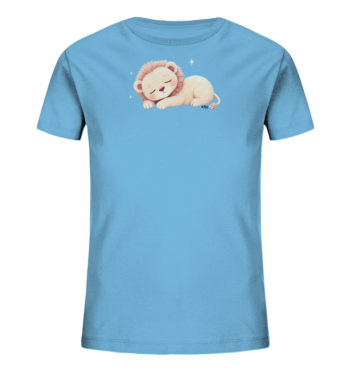 Onlineshop Shirts fuer Kinder - Das Bild zeigt ein hellblaues Kinder-T-Shirt. Darauf ist ein suesser, schlafender Cartoon-Loewe abgebildet. Der Loewe hat einen hellen Koerper und eine rosafarbene Maehne, friedlich ruhend mit geschlossenen Augen. Kleine funkelnde Elemente schweben um seinen Kopf und betonen das ruhige Motiv.