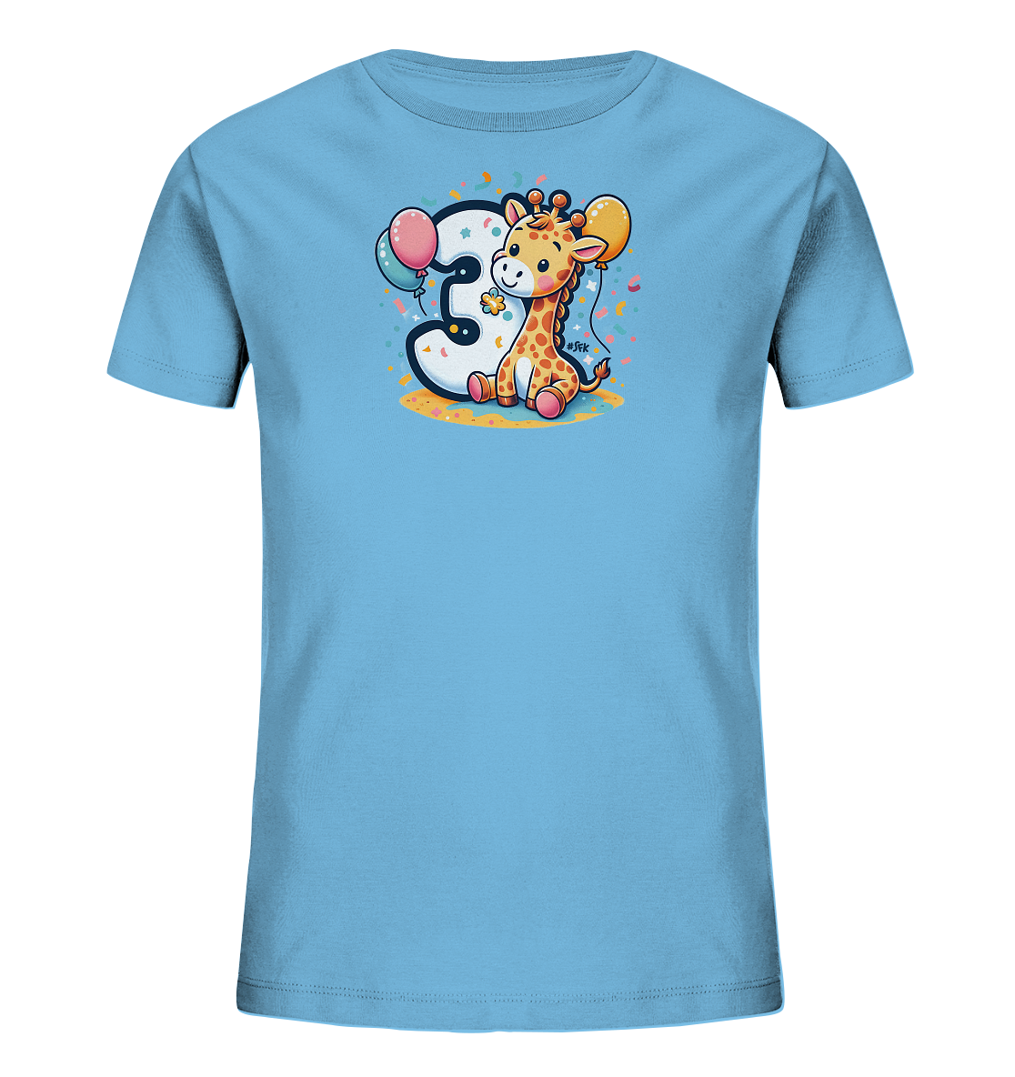 Onlineshop Shirts fuer Kinder - Dieses hellblaue T-Shirt fuer Kinder zeigt ein suesses Motiv mit einer kleinen, laechelnden Cartoon-Giraffe. Die Giraffe sitzt vor einer grossen Zahl '3', die mit Sternen verziert ist. Das Design wird von bunten Konfetti-Punkten und zwei Ballons in Rosa und Gelb ergaenzt. Es ist ein froehliches Design, ideal fuer einen dritten Geburtstag.