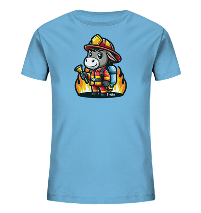 Kinder T-Shirt mit ein freundlicher Esel als Feuerwehrmann mit Helm, Anzug und Schlauch