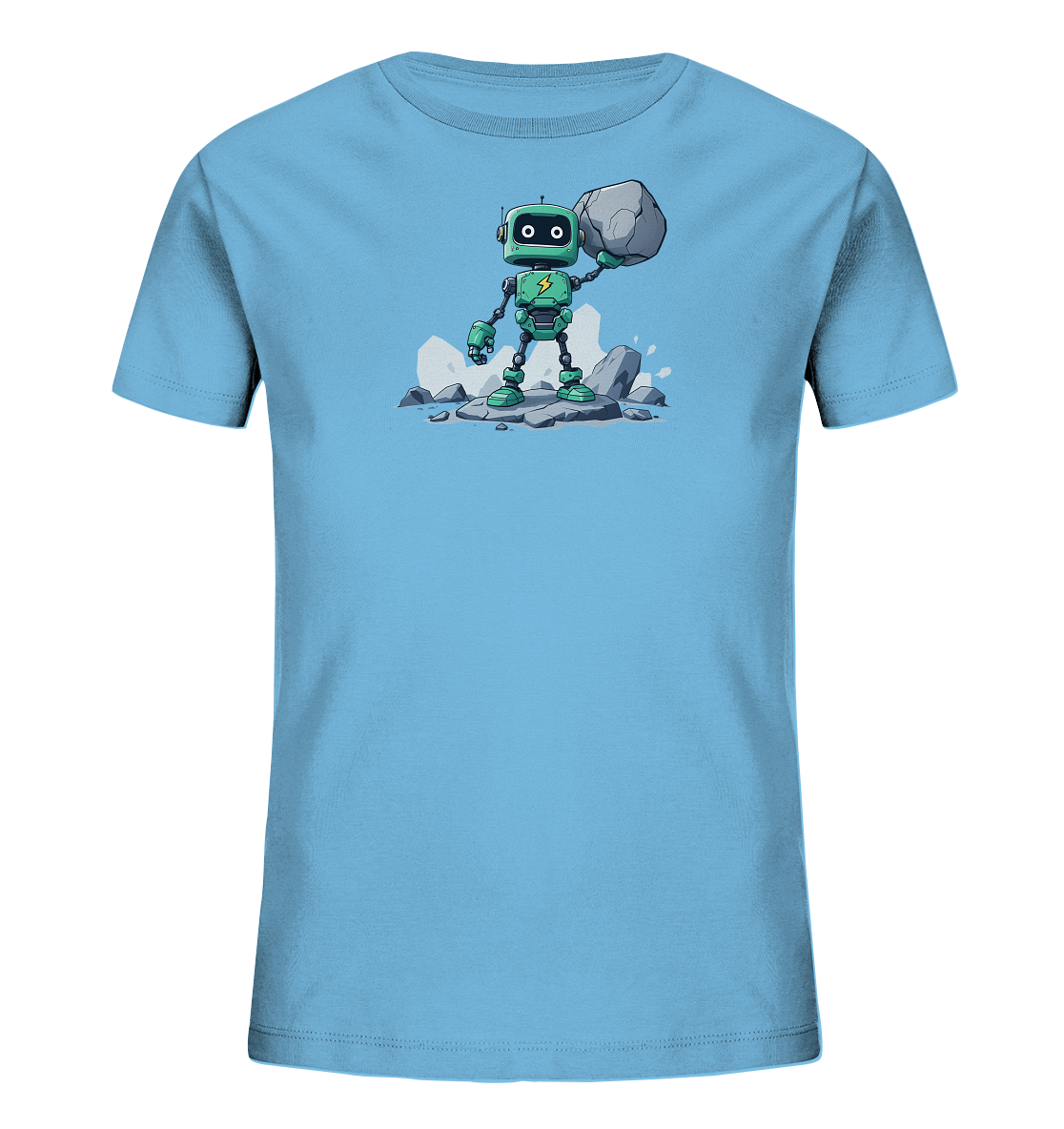 Onlineshop Shirts für Kinder - Das Bild zeigt ein hellblaues Kinder-T-Shirt mit einem auffälligen Druck auf der Vorderseite. Das Motiv stellt einen kleinen, grünen Roboter dar, der auf einem Felsen steht und einen großen grauen Stein über seinem Kopf hält. Der Roboter hat große, runde Augen und ein gelbes Blitzsymbol auf der Brust. Die Illustration ist detailreich gestaltet, mit kleinen Wasserspritzern und weiteren Felsen im Hintergrund, was dem Design eine dynamische Note verleiht.