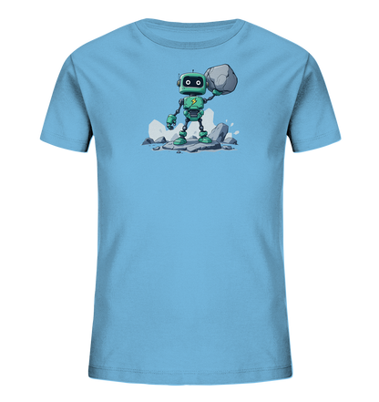 Onlineshop Shirts für Kinder - Das Bild zeigt ein hellblaues Kinder-T-Shirt mit einem auffälligen Druck auf der Vorderseite. Das Motiv stellt einen kleinen, grünen Roboter dar, der auf einem Felsen steht und einen großen grauen Stein über seinem Kopf hält. Der Roboter hat große, runde Augen und ein gelbes Blitzsymbol auf der Brust. Die Illustration ist detailreich gestaltet, mit kleinen Wasserspritzern und weiteren Felsen im Hintergrund, was dem Design eine dynamische Note verleiht.