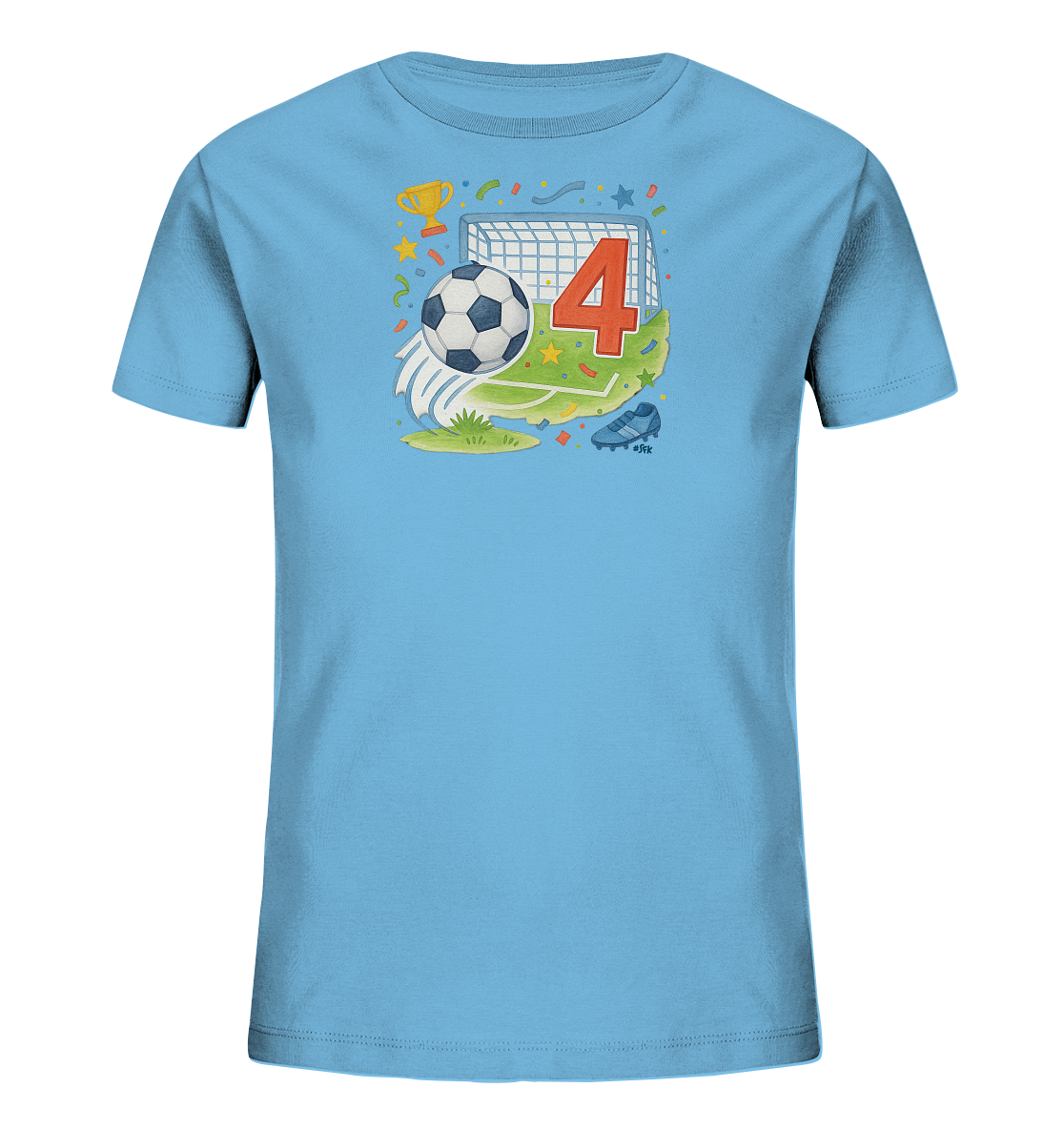 Onlineshop Shirts fuer Kinder - Das hellblaue T-Shirt zeigt ein lebhaftes Fussball-Motiv fuer Kinder. Im Zentrum des Designs stehen ein Ball, ein Tor und die grosse rote Zahl 4. Das Bild wird durch Elemente wie eine Trophaee, Fussballschuhe und Konfetti ergaenzt. Dies schafft eine festliche Szene rund um das Thema Fussball.