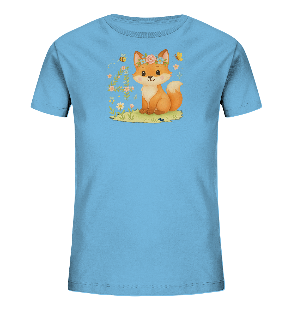 Onlineshop Shirts fuer Kinder - Das Bild zeigt ein hellblaues Kinder-T-Shirt mit einer niedlichen Illustration. Darauf ist ein freundlicher Fuchs mit Blumenkranz zu sehen, der auf einer Wiese sitzt. Umgeben ist der Fuchs von Blumen, einer Biene und einem Schmetterling. Eine verspielte Vier aus Blumen und Blaettern ist ebenfalls Teil des Designs.