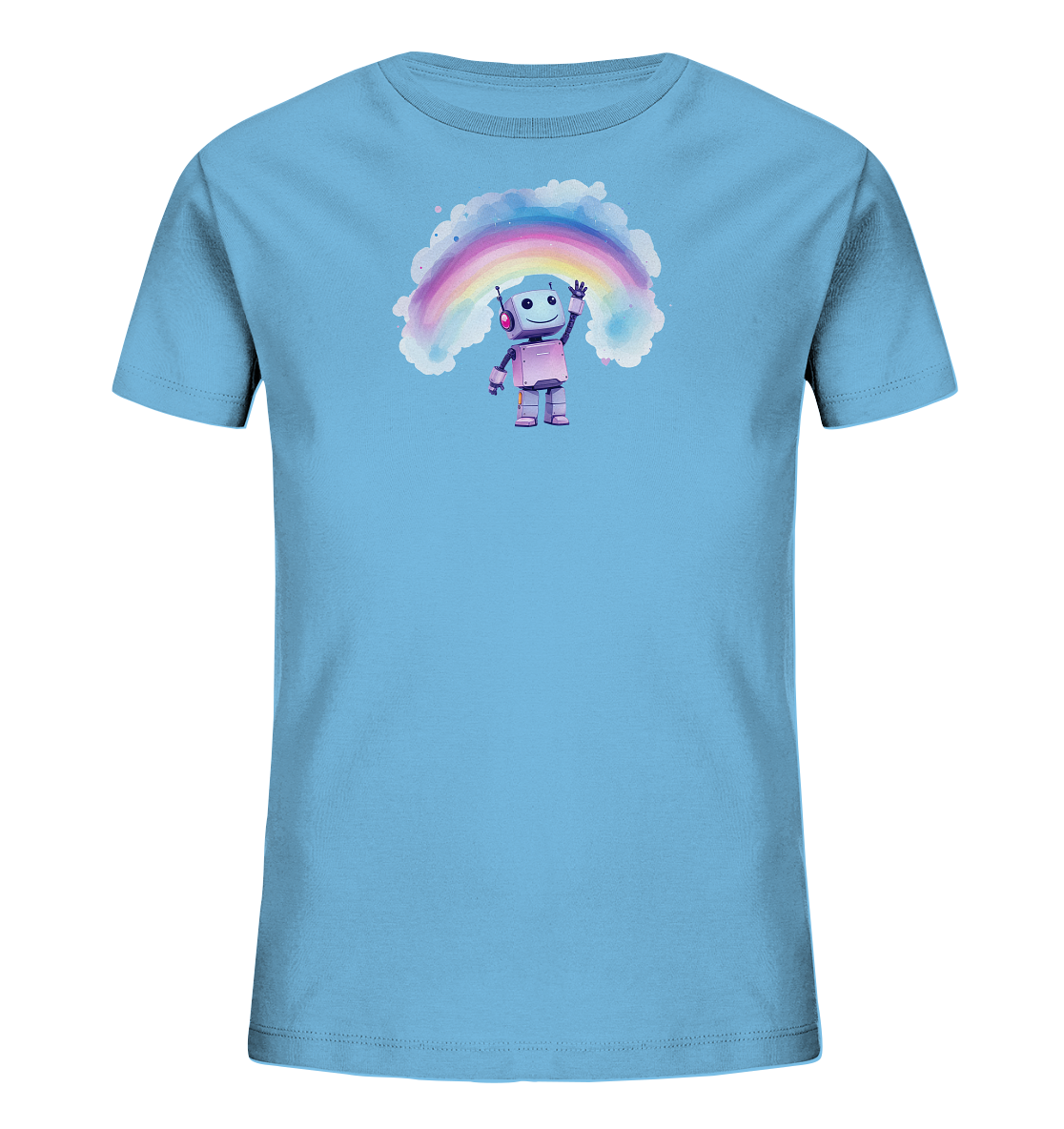 Onlineshop Shirts für Kinder - Das Bild zeigt die Vorderseite eines hellblauen Kinder-T-Shirts mit einem bunten Druck. Im Zentrum des Drucks befindet sich ein kleiner Roboter mit großen Kopfhörern, der freundlich winkt. Über dem Roboter erstreckt sich ein Regenbogen in Aquarell-Optik, umgeben von sanften Wolken. Das Design wirkt fröhlich und kindgerecht.