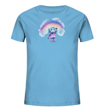Onlineshop Shirts für Kinder - Das Bild zeigt die Vorderseite eines hellblauen Kinder-T-Shirts mit einem bunten Druck. Im Zentrum des Drucks befindet sich ein kleiner Roboter mit großen Kopfhörern, der freundlich winkt. Über dem Roboter erstreckt sich ein Regenbogen in Aquarell-Optik, umgeben von sanften Wolken. Das Design wirkt fröhlich und kindgerecht.