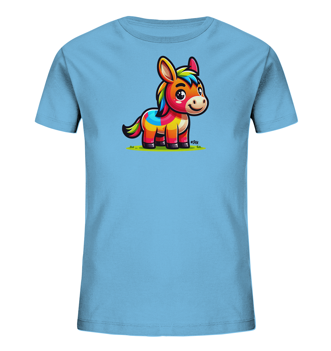 Onlineshop Shirts fuer Kinder - Dieses hellblaue T-Shirt zeigt eine froehliche Illustration eines kleinen Esels. Der Esel ist in leuchtenden Farben wie Orange, Gelb, Blau und Rot gestaltet und steht auf gruenem Gras. Das Design ist im Comic-Stil gehalten und wirkt freundlich und verspielt. Es ist ein schlichtes, aber auffaelliges Motiv fuer Kinder.