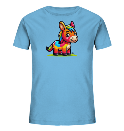 Onlineshop Shirts fuer Kinder - Dieses hellblaue T-Shirt zeigt eine froehliche Illustration eines kleinen Esels. Der Esel ist in leuchtenden Farben wie Orange, Gelb, Blau und Rot gestaltet und steht auf gruenem Gras. Das Design ist im Comic-Stil gehalten und wirkt freundlich und verspielt. Es ist ein schlichtes, aber auffaelliges Motiv fuer Kinder.