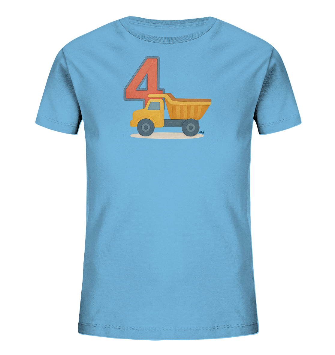 Onlineshop Shirts fuer Kinder - Das Bild zeigt ein hellblaues Kinder-T-Shirt mit einem detailreichen Motiv. Auf der Vorderseite ist ein gelber Muldenkipper abgebildet. Daneben steht eine grosse, orangefarbene Zahl 4 mit einer grauen Umrandung. Das Motiv wird durch einen sandfarbenen Untergrund ergaenzt.