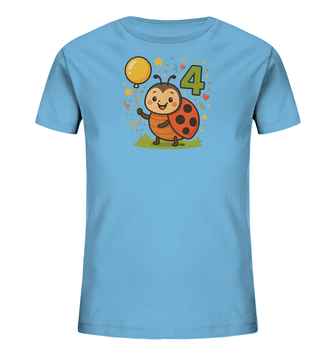 Onlineshop Shirts fuer Kinder - Das Bild zeigt ein hellblaues T-Shirt fuer Kinder mit einem niedlichen Motiv. Zentral ist ein laechelnder Cartoon-Marienkaefer abgebildet, der einen gelben Luftballon in seiner Hand haelt. Neben dem Marienkaefer ist prominent die gruene Zahl '4' platziert, umgeben von kleinen Sternen und Konfetti. Das Design wirkt froehlich und verspielt, passend fuer einen Kindergeburtstag.