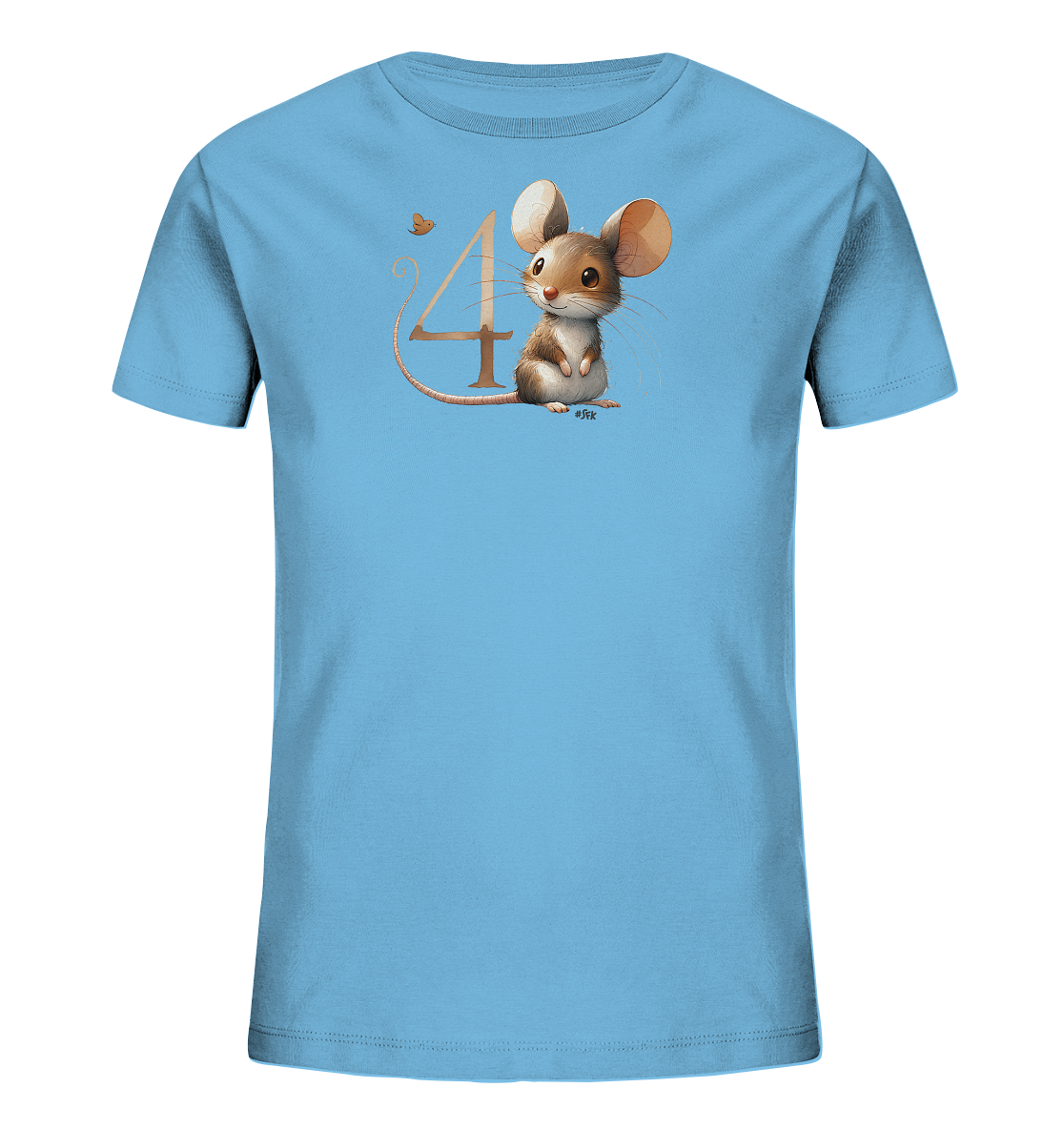 Onlineshop Shirts fuer Kinder - Das Bild zeigt ein hellblaues T-Shirt fuer Kinder. Auf der Vorderseite ist eine niedliche, gezeichnete Maus abgebildet, die aufrecht sitzt. Neben der Maus befindet sich die grosse, goldbraune Zahl '4', und ein kleiner Schmetterling fliegt darueber. Das Design ist verspielt und freundlich.
