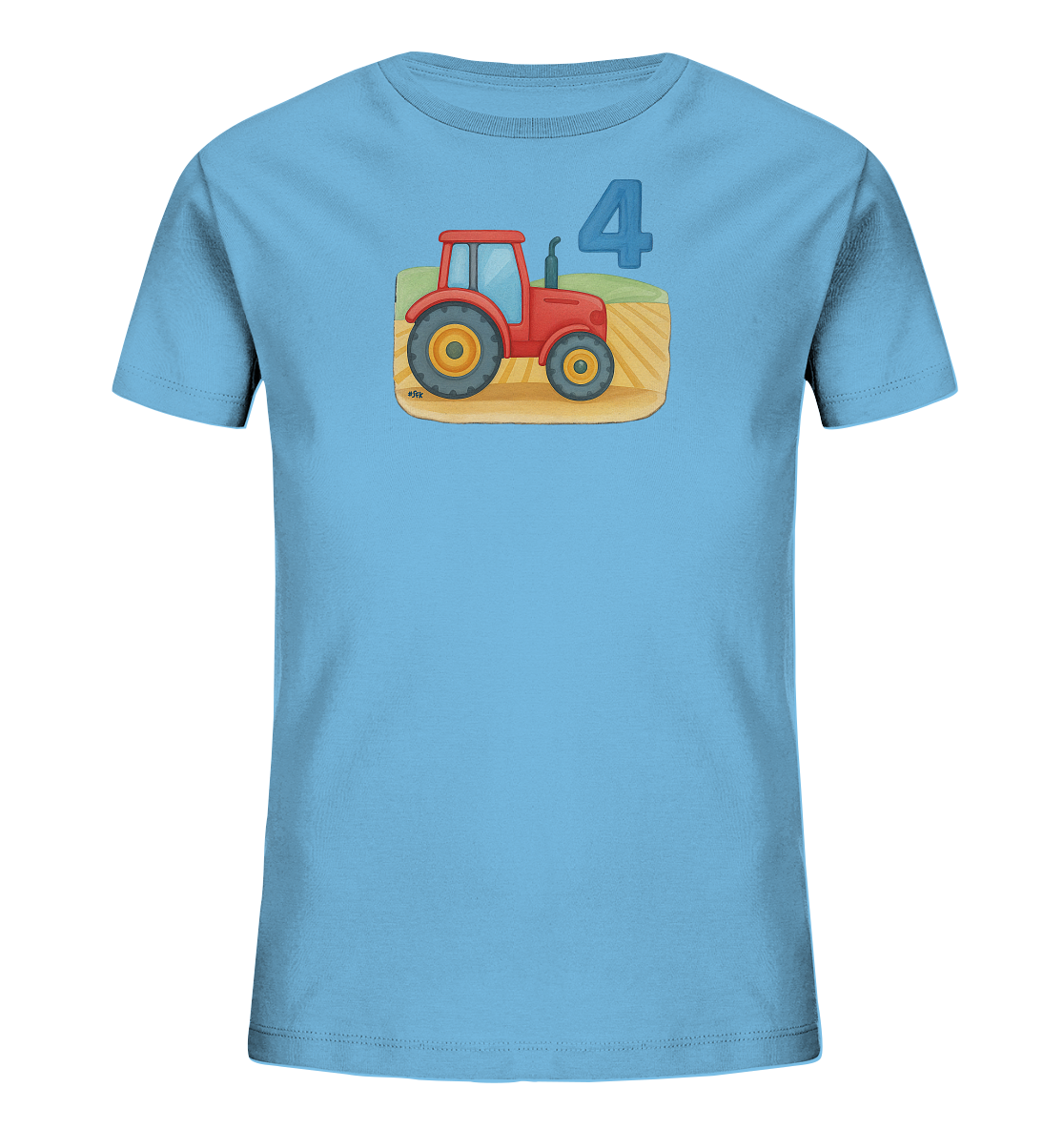 Onlineshop Shirts fuer Kinder - Das Bild zeigt ein hellblaues T-Shirt fuer Kinder mit einem detailreichen Aufdruck in der Mitte. Zu sehen ist ein roter Traktor, der auf einem Feld mit gelbem Boden und gruenen Huegeln faehrt. Über dem Traktor ist die grosse blaue Zahl '4' platziert, was auf ein Alter oder Jubilaeum hindeutet. Das Design ist farbenfroh und kindgerecht gestaltet.