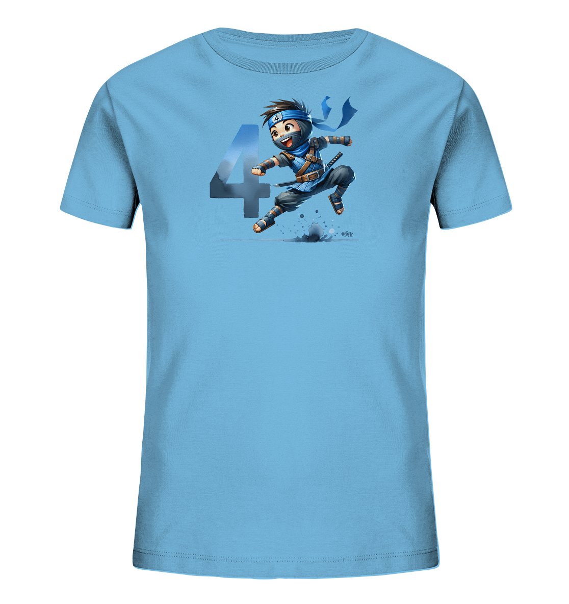 Onlineshop Shirts fuer Kinder - Das Bild zeigt ein hellblaues Kinder-T-Shirt mit einem dynamischen Motiv. Auf der Vorderseite ist eine Illustration eines springenden Ninja-Charakters in Aktion zu sehen. Im Hintergrund befindet sich eine grosse, stilisierte Zahl '4'. Die Grafik wirkt verspielt und energiegeladen.