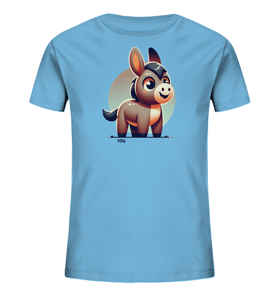 Onlineshop Shirts fuer Kinder - Dieses hellblaue Kinder-T-Shirt praesentiert auf der Vorderseite eine niedliche Illustration eines Comic-Esels. Der Esel ist braun-grau gezeichnet, hat grosse Augen und ein freundliches Laecheln. Er steht auf einer Linie vor einem hellen Kreis im Hintergrund. Das Design ist farbenfroh und kindgerecht gestaltet.