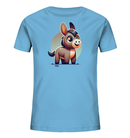 Onlineshop Shirts fuer Kinder - Dieses hellblaue Kinder-T-Shirt praesentiert auf der Vorderseite eine niedliche Illustration eines Comic-Esels. Der Esel ist braun-grau gezeichnet, hat grosse Augen und ein freundliches Laecheln. Er steht auf einer Linie vor einem hellen Kreis im Hintergrund. Das Design ist farbenfroh und kindgerecht gestaltet.