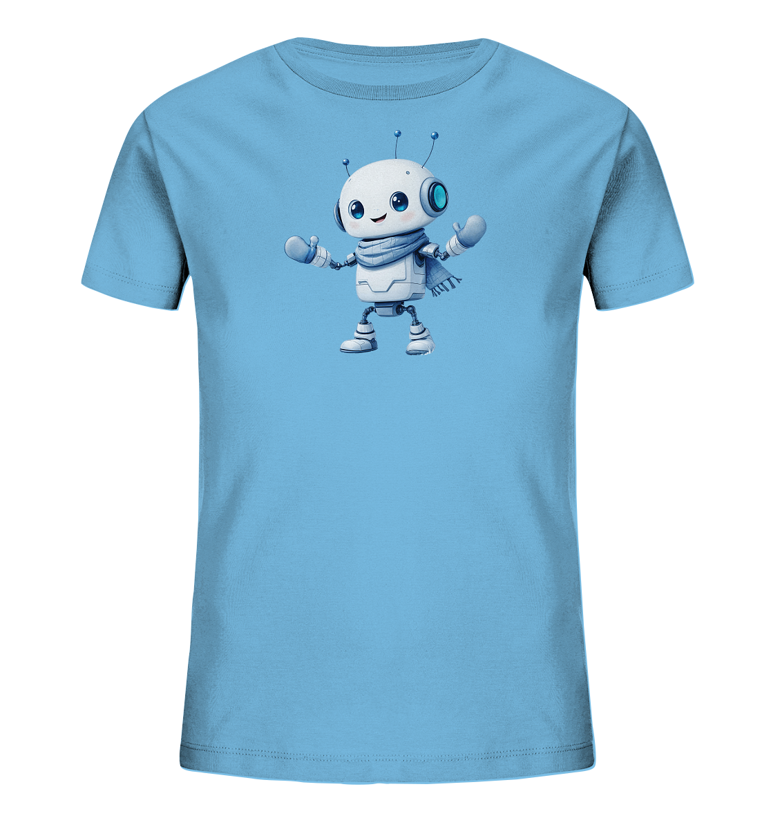 Onlineshop Shirts für Kinder - Das Bild zeigt ein hellblaues T-Shirt für Kinder, das gerade auf einem schwarzen Hintergrund liegt. Auf der Vorderseite des Shirts ist eine Illustration eines kleinen, freundlich aussehenden Roboters abgebildet. Der Roboter ist weiß und grau gestaltet, hat große blaue Augen, zwei Antennen und trägt einen blauen Schal. Er steht mit leicht erhobenen Armen da und hat einen lächelnden Ausdruck, was dem T-Shirt ein niedliches und ansprechendes Design verleiht.