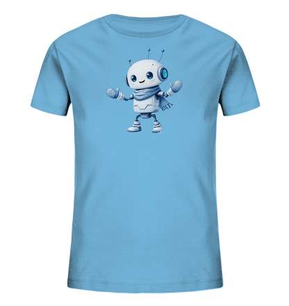 Onlineshop Shirts für Kinder - Das Bild zeigt ein hellblaues T-Shirt für Kinder, das gerade auf einem schwarzen Hintergrund liegt. Auf der Vorderseite des Shirts ist eine Illustration eines kleinen, freundlich aussehenden Roboters abgebildet. Der Roboter ist weiß und grau gestaltet, hat große blaue Augen, zwei Antennen und trägt einen blauen Schal. Er steht mit leicht erhobenen Armen da und hat einen lächelnden Ausdruck, was dem T-Shirt ein niedliches und ansprechendes Design verleiht.