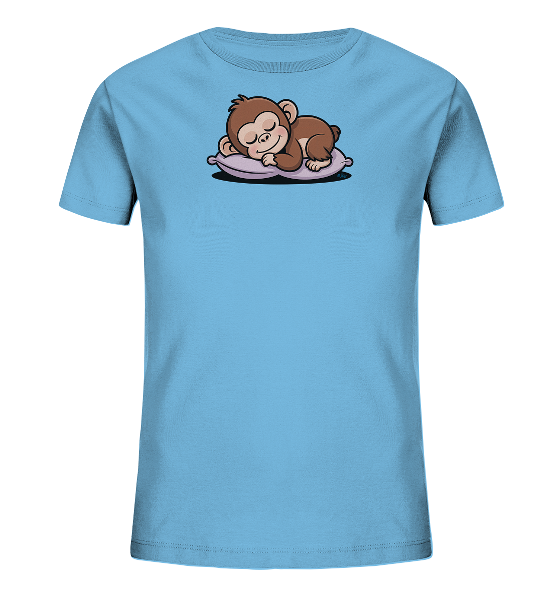 Onlineshop Shirts fuer Kinder - Das Bild zeigt ein hellblaues Kinder-T-Shirt. Auf der Vorderseite ist ein niedliches, braunes Äffchen abgebildet, das friedlich auf einem lila Kissen schlaeft. Das Motiv ist cartoonhaft und wirkt sehr beruhigend. Die Gesamtgestaltung ist einfach und ansprechend fuer Kinder.