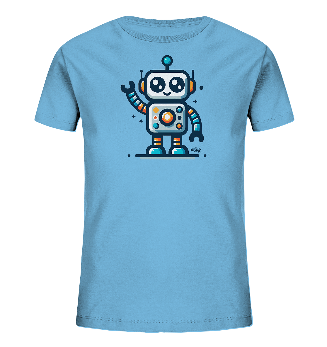 Onlineshop Shirts fuer Kinder - Das Bild zeigt ein hellblaues Kinder-T-Shirt mit einem farbenfrohen Roboter-Motiv auf der Vorderseite. Der Cartoon-Roboter ist weiss mit Akzenten in Orange, Gelb und Blau dargestellt. Er hat grosse Augen, eine freundliche Ausstrahlung und winkt mit einem Arm. Um den Roboter herum befinden sich kleine Sterne und Punkte, die das Design ergaenzen.