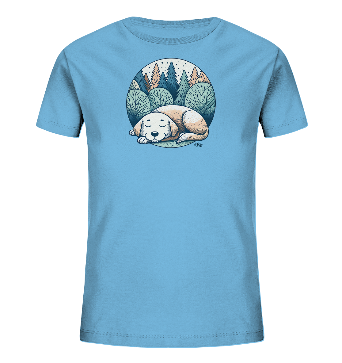 Onlineshop Shirts fuer Kinder - Das Bild zeigt ein hellblaues T-Shirt fuer Kinder mit einer runden Illustration auf der Vorderseite. Die Grafik zeigt einen schlafenden Hund in einer ruhigen Naturlandschaft mit Baeumen, Straeuchern und einem Himmel mit Sternen. Das Motiv ist in sanften Farben gehalten und vermittelt eine friedliche Stimmung.