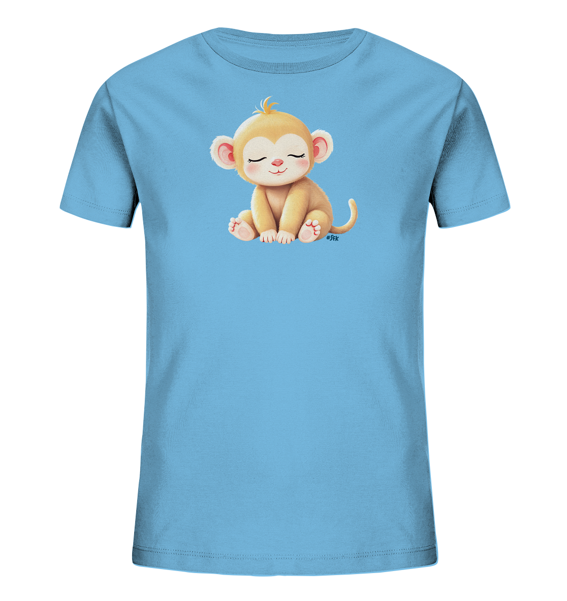 Onlineshop Shirts fuer Kinder - Das Bild zeigt ein hellblaues Kinder-T-Shirt. Auf der Vorderseite ist eine niedliche, cartoonhafte Affenillustration abgebildet. Das Äffchen sitzt mit geschlossenen Augen und einem sanften Laecheln, was ihm einen friedlichen Ausdruck verleiht. Seine hellbraune Fellfarbe und die rosafarbenen Ohreninnenseiten tragen zum charmanten Erscheinungsbild bei.
