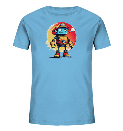 Onlineshop Shirts für Kinder - Das Bild zeigt ein hellblaues Kinder-T-Shirt, das auf einem schwarzen Hintergrund präsentiert wird. Auf der Vorderseite des Shirts ist eine Illustration eines stilisierten Roboters im Cartoon-Look abgebildet. Der Roboter trägt einen roten Helm und steht vor einem auffälligen, zweifarbigen Kreis in Gelb und Rot. Über seinem Kopf befindet sich eine leere Sprechblase, was dem Motiv eine interaktive oder gedankenvolle Qualität verleiht.