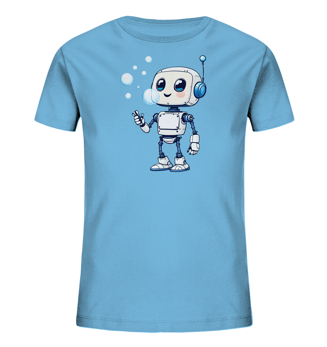 Onlineshop Shirts für Kinder - Das Bild zeigt ein hellblaues Kinder-T-Shirt mit einem grafischen Druck auf der Vorderseite. Die Illustration stellt einen freundlichen, cartoonhaften Roboter in Weiß und Grau dar, der lächelt und gerade dabei ist, Seifenblasen zu pusten. Mehrere transparente Blasen schweben um den Kopf des Roboters herum, was dem Design eine verspielte Note verleiht. Das Motiv ist mittig auf dem Shirt platziert und wirkt durch die klaren Linien und freundlichen Farben sehr kindgerecht.
