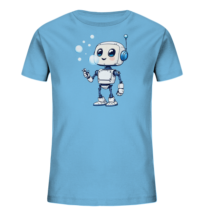 Onlineshop Shirts für Kinder - Das Bild zeigt ein hellblaues Kinder-T-Shirt mit einem grafischen Druck auf der Vorderseite. Die Illustration stellt einen freundlichen, cartoonhaften Roboter in Weiß und Grau dar, der lächelt und gerade dabei ist, Seifenblasen zu pusten. Mehrere transparente Blasen schweben um den Kopf des Roboters herum, was dem Design eine verspielte Note verleiht. Das Motiv ist mittig auf dem Shirt platziert und wirkt durch die klaren Linien und freundlichen Farben sehr kindgerecht.