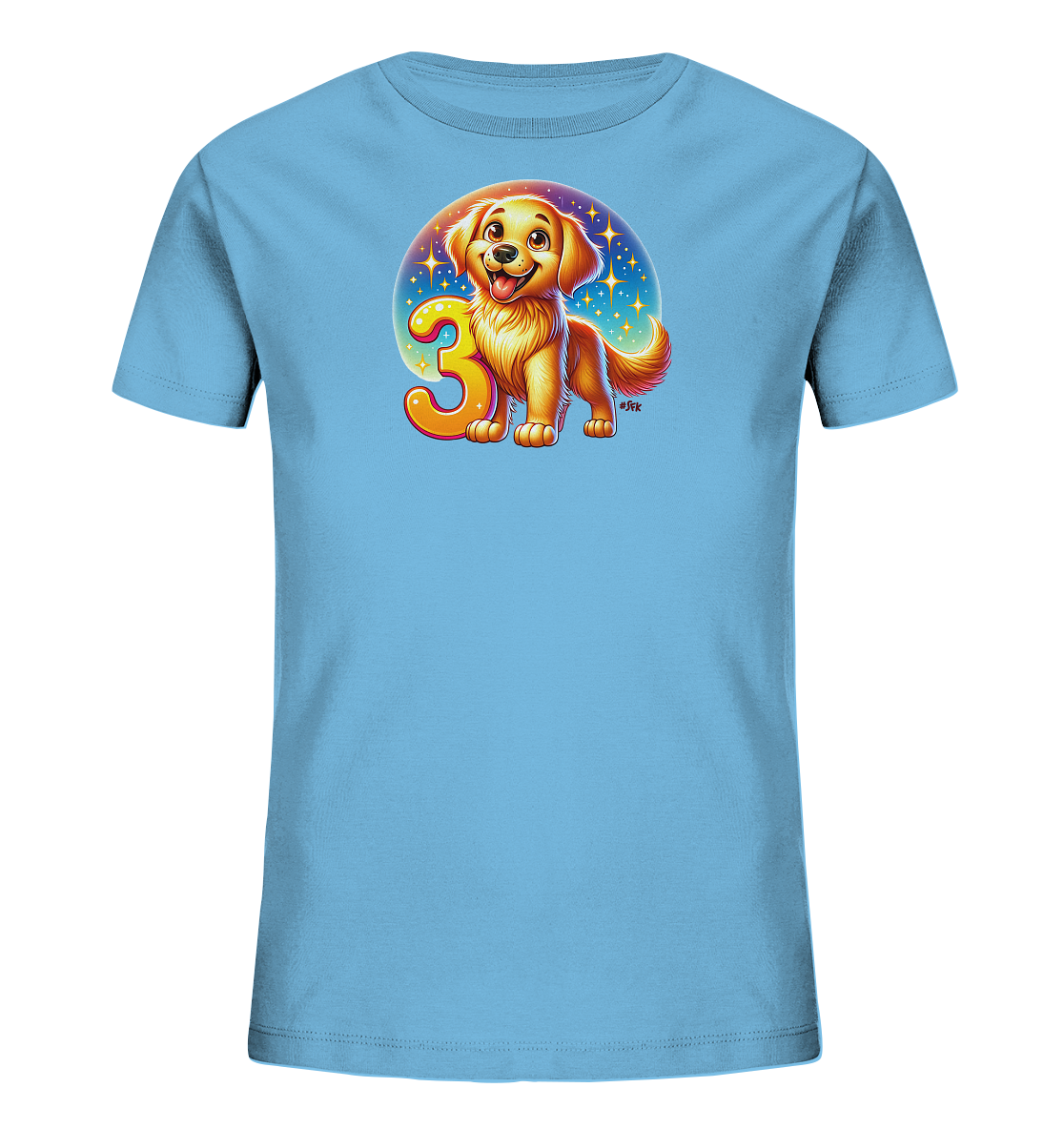 Onlineshop Shirts fuer Kinder - Das Bild zeigt ein hellblaues Kinder-T-Shirt mit einem froehlichen Aufdruck. In der Mitte ist ein niedlicher, cartoonhafter Golden Retriever Welpe neben einer grossen, leuchtenden Zahl Drei abgebildet. Dahinter befindet sich ein runder Hintergrund mit Sternen und Glitzereffekten. Das Design wirkt verspielt und farbenfroh.