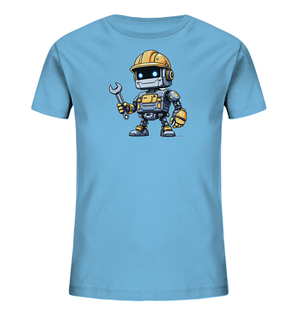 Onlineshop Shirts für Kinder - Das Bild zeigt ein hellblaues T-Shirt mit einem freundlichen, cartoonhaften Roboter auf der Vorderseite. Der Roboter trägt einen gelben Bauarbeiterhelm und hält in seiner rechten Hand einen silbernen Schraubenschlüssel. Er hat leuchtend blaue Augen und eine detaillierte Rüstung in Grau und Gelb. Dieses Motiv verleiht dem Shirt einen lustigen und technischen Charakter, der ideal für Kinder ist.