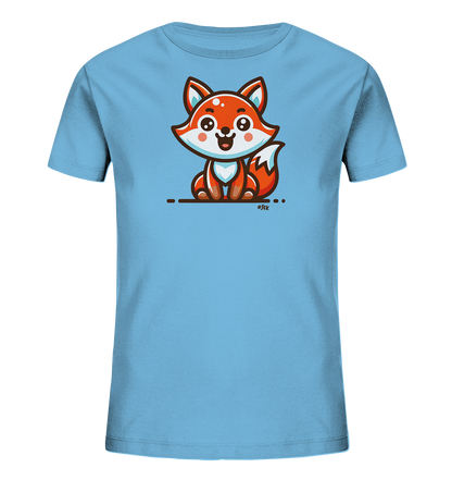 Onlineshop Shirts fuer Kinder - Das Bild zeigt ein hellblaues Kinder-T-Shirt, das mit einem niedlichen Cartoon-Fuchs bedruckt ist. Der orangefarbene Fuchs sitzt mittig auf der Vorderseite und hat ein breites Laecheln. Das Motiv ist farbenfroh und detailreich gestaltet, mit weissen und blauen Akzenten, die dem Fuchs einen freundlichen Ausdruck verleihen. Das Design wirkt verspielt und ist ideal fuer junge Tierliebhaber.