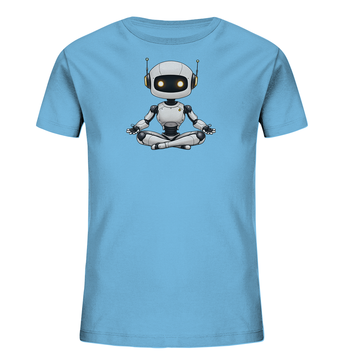 Onlineshop Shirts für Kinder - Das Bild zeigt ein hellblaues T-Shirt für Kinder. Auf der Vorderseite ist ein Grafikdruck eines stilisierten Roboters zu sehen. Der Roboter ist in Weiß und Grau gehalten und sitzt in einer Meditations- oder Yoga-Pose mit überkreuzten Beinen und ruhenden Händen. Die Illustration ist mittig auf dem Shirt positioniert und besticht durch ihren klaren Stil und die leuchtend gelben Augen des Roboters.