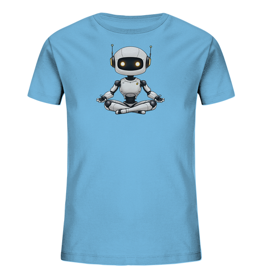 Onlineshop Shirts für Kinder - Das Bild zeigt ein hellblaues T-Shirt für Kinder. Auf der Vorderseite ist ein Grafikdruck eines stilisierten Roboters zu sehen. Der Roboter ist in Weiß und Grau gehalten und sitzt in einer Meditations- oder Yoga-Pose mit überkreuzten Beinen und ruhenden Händen. Die Illustration ist mittig auf dem Shirt positioniert und besticht durch ihren klaren Stil und die leuchtend gelben Augen des Roboters.