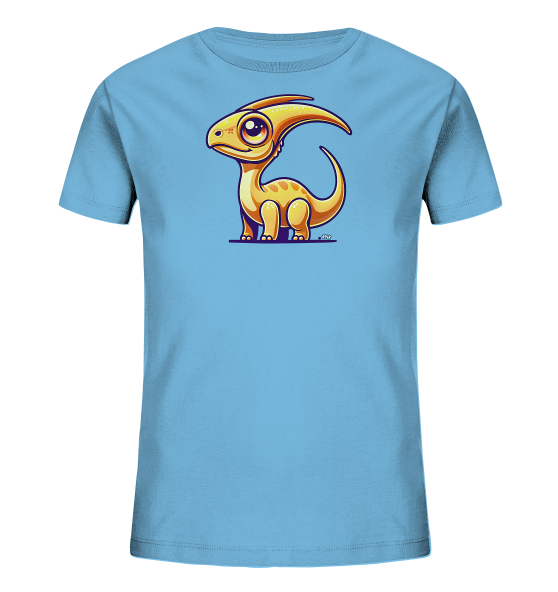 Onlineshop Shirts fuer Kinder - Das Bild zeigt ein hellblaues T-Shirt fuer Kinder mit einer Grafik eines niedlichen Cartoon-Dinosauriers. Der Dinosaurier ist orange-gelb gefaerbt, hat grosse Augen und einen auffaelligen Kopfkamm. Er steht in einer charmanten, leicht seitlichen Pose. Das Design wirkt freundlich und verspielt.