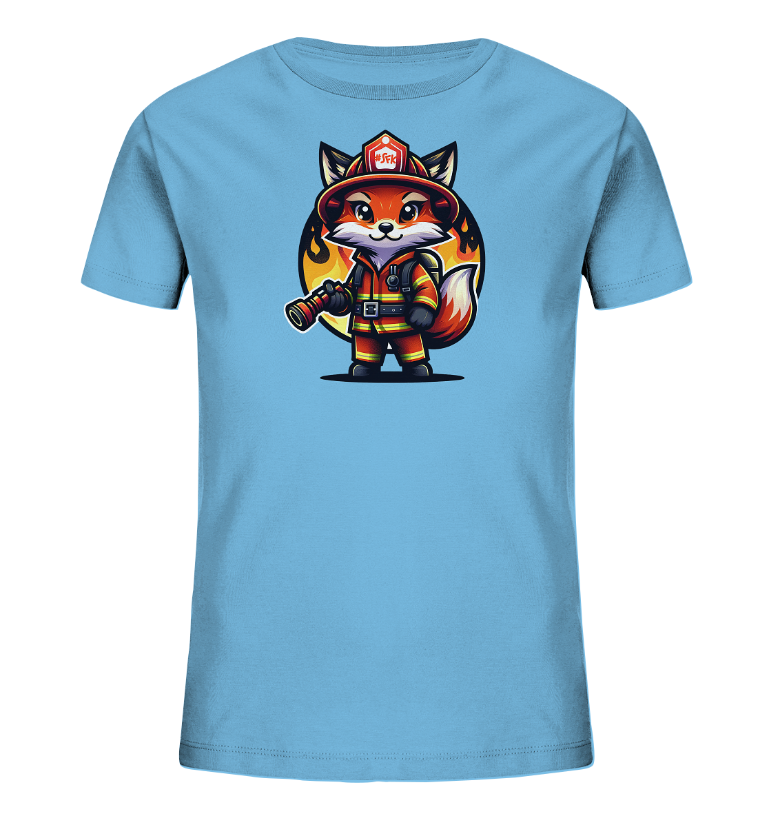Onlineshop Shirts fuer Kinder - Das Bild zeigt ein hellblaues Kinder-T-Shirt mit einer Illustration eines kleinen Fuchses. Der Fuchs traegt eine Feuerwehrmontur mit Helm und haelt einen Schlauch in der Hand. Im Hintergrund ist ein stilisierter Kreis mit Flammengrafiken zu sehen, der den mutigen Charakter des Motivs unterstreicht. Das Design ist farbenfroh und ansprechend fuer junge Feuerwehr-Fans.