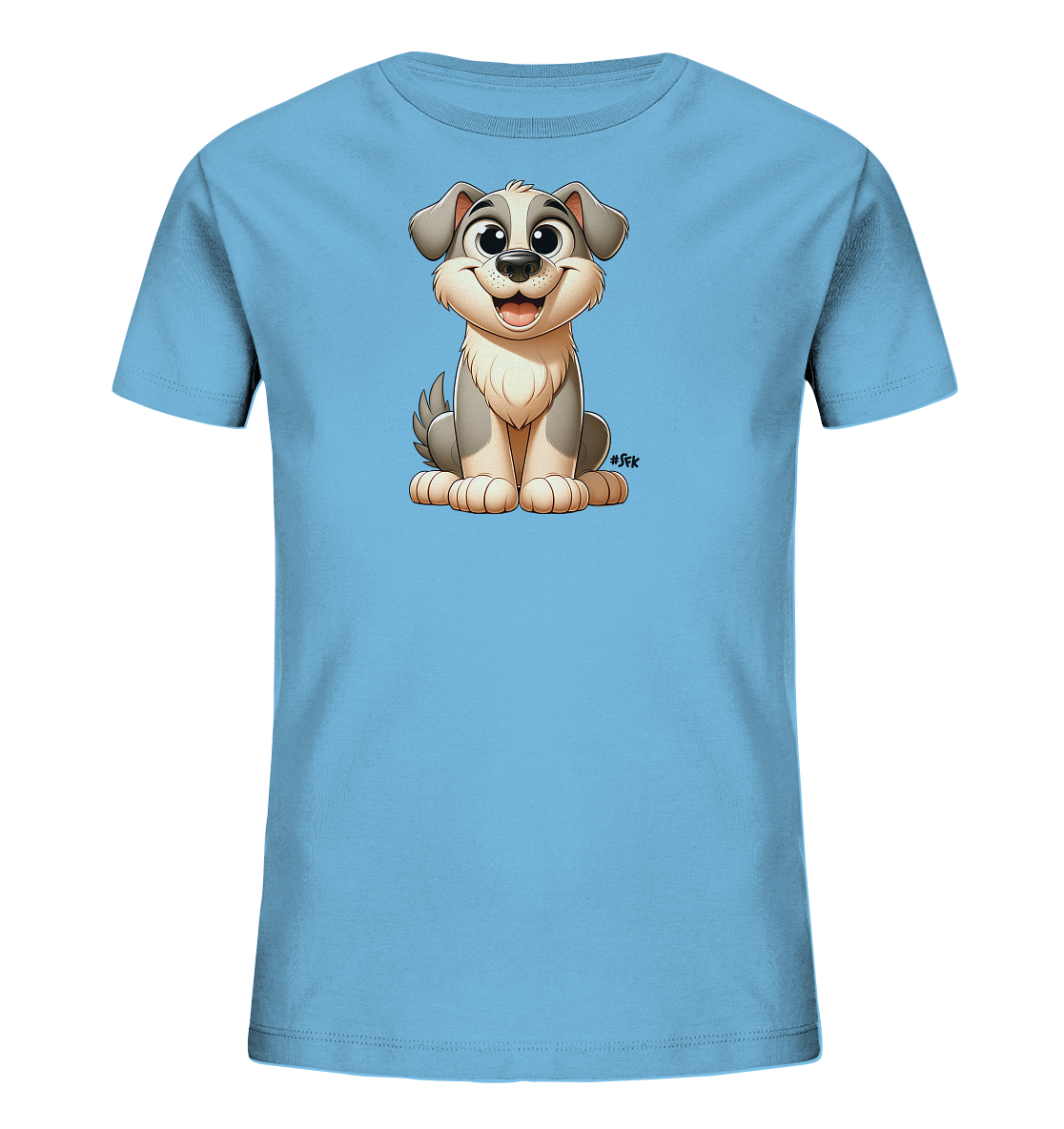 Onlineshop Shirts fuer Kinder - Dieses hellblaue Kinder-T-Shirt zeigt einen niedlichen, gezeichneten Hund auf der Vorderseite. Der graue und weisse Hund sitzt und blickt mit grossen Augen nach vorne. Sein Laecheln verleiht ihm einen verspielten Ausdruck. Das Shirt ist ein freundliches Kleidungsstueck fuer junge Hundefans.