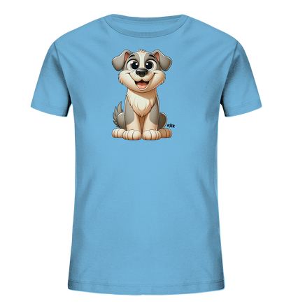 Onlineshop Shirts fuer Kinder - Dieses hellblaue Kinder-T-Shirt zeigt einen niedlichen, gezeichneten Hund auf der Vorderseite. Der graue und weisse Hund sitzt und blickt mit grossen Augen nach vorne. Sein Laecheln verleiht ihm einen verspielten Ausdruck. Das Shirt ist ein freundliches Kleidungsstueck fuer junge Hundefans.