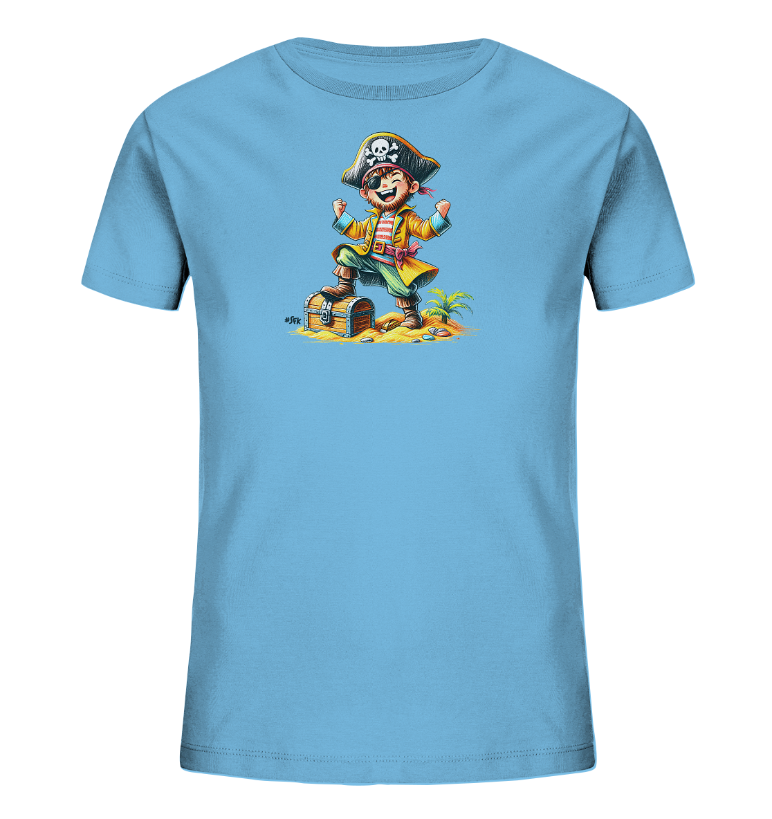 Onlineshop Shirts fuer Kinder - Dieses hellblaue T-Shirt praesentiert eine lebhafte Illustration eines jubelnden Jungen, der als Pirat verkleidet ist. Er steht auf einer geoeffneten Schatzkiste auf einem sandigen Stueck Land, daneben waechst eine kleine Palme. Mit einem Piratenhut, Augenklappe und erhobenen Faeusten feiert er seinen Fund. Das detailreiche Motiv ist perfekt fuer kleine Abenteurer.