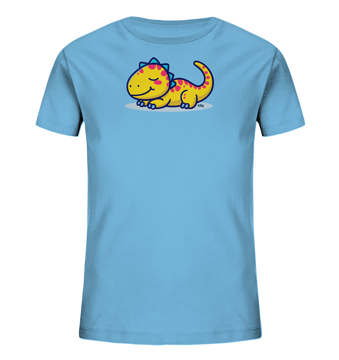 Onlineshop Shirts fuer Kinder - Das Bild zeigt ein hellblaues Kinder-T-Shirt mit einem niedlichen Cartoon-Dinosaurier auf der Vorderseite. Der Dino ist gelb mit pinkfarbenen Punkten und blauen Stacheln am Ruecken. Er liegt entspannt da, hat die Augen geschlossen und ein breites Laecheln. Das Design wirkt freundlich und verspielt.