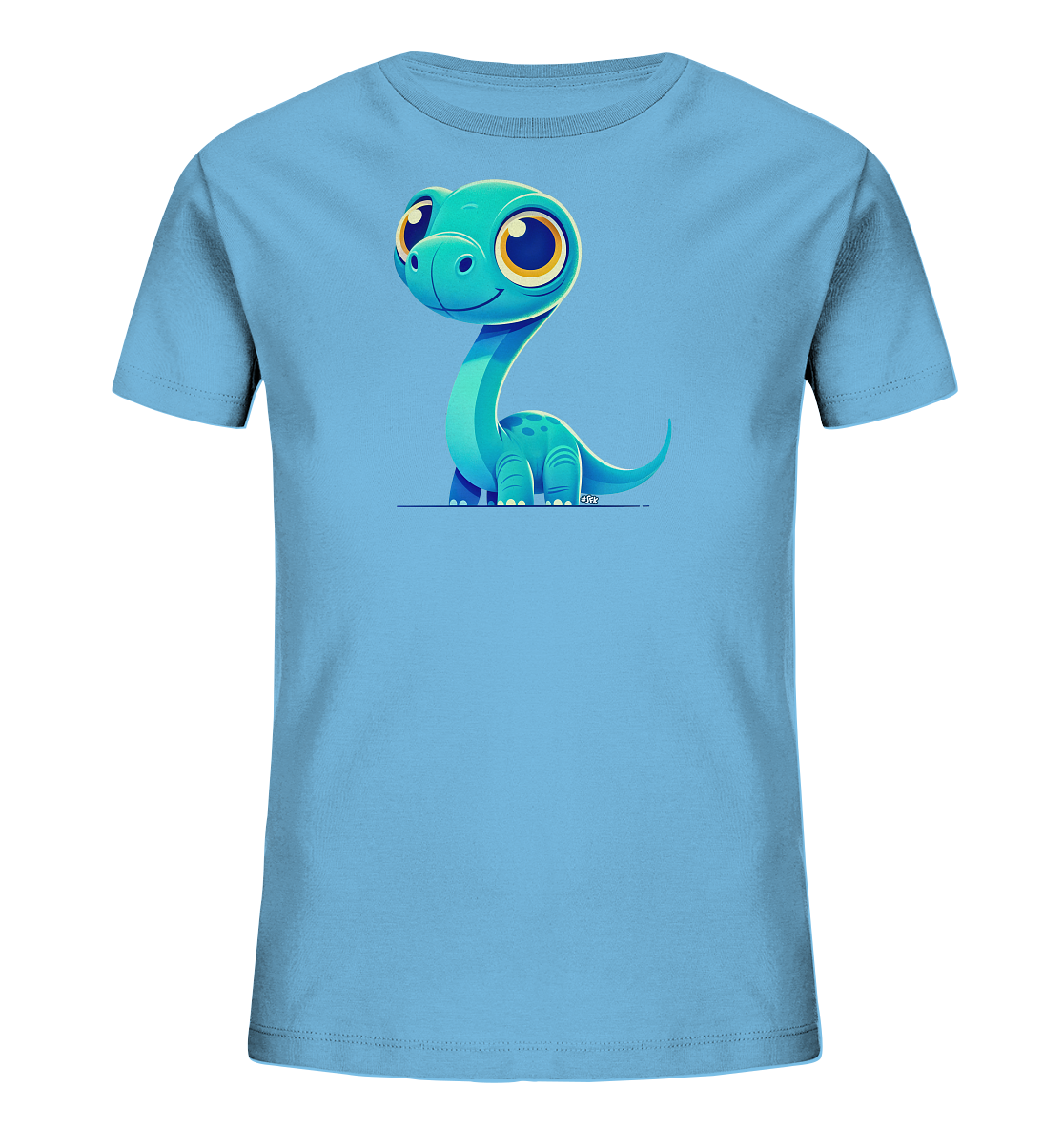 Onlineshop Shirts für Kinder - Das Bild zeigt ein hellblaues T-Shirt für Kinder. Auf der Vorderseite ist eine niedliche Illustration eines kleinen, türkisfarbenen Cartoon-Dinosauriers zu sehen. Der Dino hat große, gelbe Augen und sitzt in einer freundlichen Pose. Dieses verspielte Motiv ist zentral auf dem Shirt platziert und verleiht ihm einen fröhlichen Charakter, der ideal für Kinderbekleidung ist.