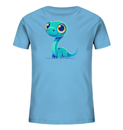 Onlineshop Shirts für Kinder - Das Bild zeigt ein hellblaues T-Shirt für Kinder. Auf der Vorderseite ist eine niedliche Illustration eines kleinen, türkisfarbenen Cartoon-Dinosauriers zu sehen. Der Dino hat große, gelbe Augen und sitzt in einer freundlichen Pose. Dieses verspielte Motiv ist zentral auf dem Shirt platziert und verleiht ihm einen fröhlichen Charakter, der ideal für Kinderbekleidung ist.