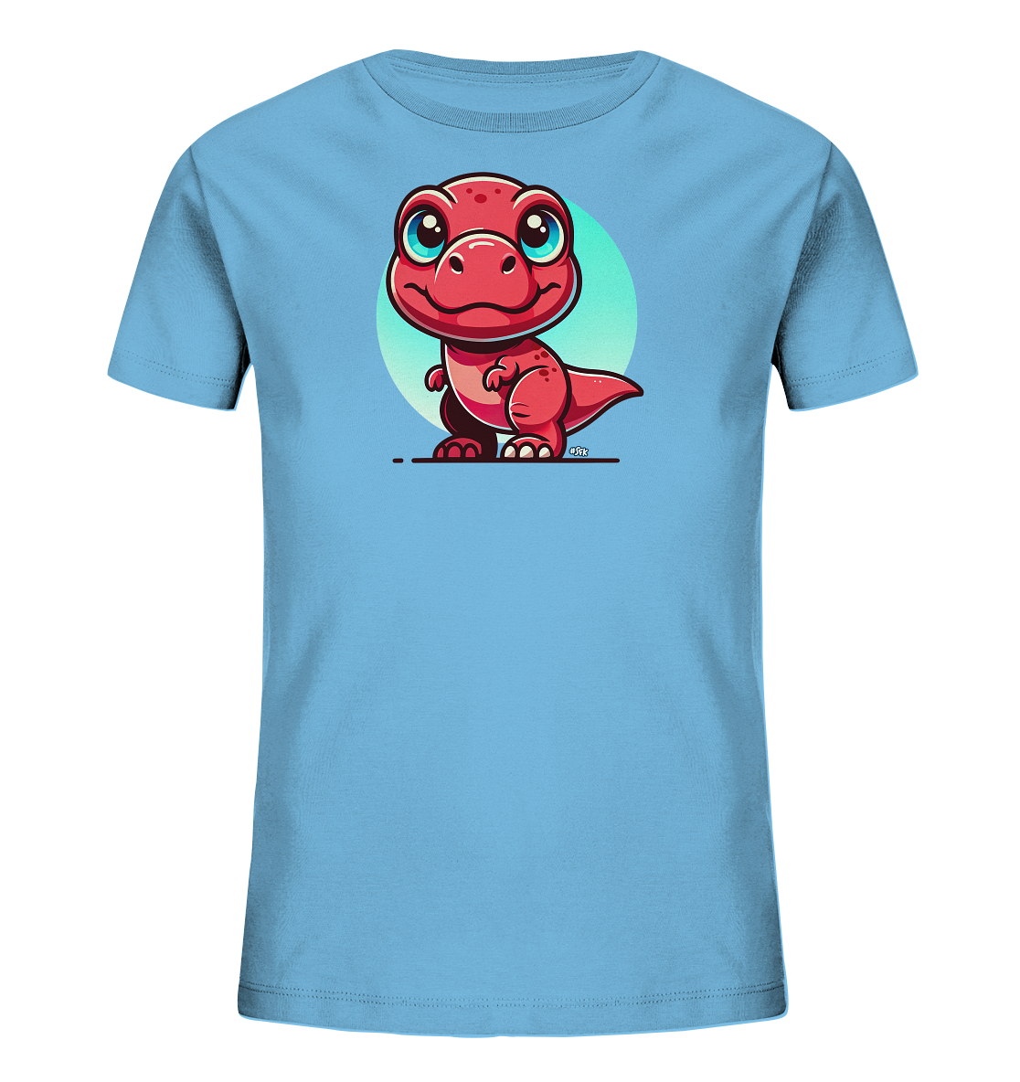 Onlineshop Shirts für Kinder - Das Bild zeigt ein hellblaues T-Shirt für Kinder mit einem großen, zentralen Druckmotiv. Das Motiv stellt einen niedlichen, cartoonartigen roten Dinosaurier dar, der lächelt und große, blaue Augen hat. Im Hintergrund des Dinosauriers befindet sich ein hellgrüner Kreis. Der Dinosaurier steht auf einer stilisierten Linie und das gesamte Design wirkt freundlich und ansprechend.