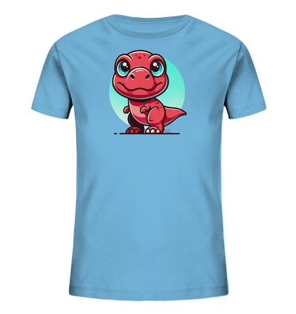 Onlineshop Shirts für Kinder - Das Bild zeigt ein hellblaues T-Shirt für Kinder mit einem großen, zentralen Druckmotiv. Das Motiv stellt einen niedlichen, cartoonartigen roten Dinosaurier dar, der lächelt und große, blaue Augen hat. Im Hintergrund des Dinosauriers befindet sich ein hellgrüner Kreis. Der Dinosaurier steht auf einer stilisierten Linie und das gesamte Design wirkt freundlich und ansprechend.