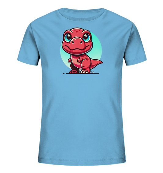 Onlineshop Shirts für Kinder - Das Bild zeigt ein hellblaues T-Shirt für Kinder mit einem großen, zentralen Druckmotiv. Das Motiv stellt einen niedlichen, cartoonartigen roten Dinosaurier dar, der lächelt und große, blaue Augen hat. Im Hintergrund des Dinosauriers befindet sich ein hellgrüner Kreis. Der Dinosaurier steht auf einer stilisierten Linie und das gesamte Design wirkt freundlich und ansprechend.