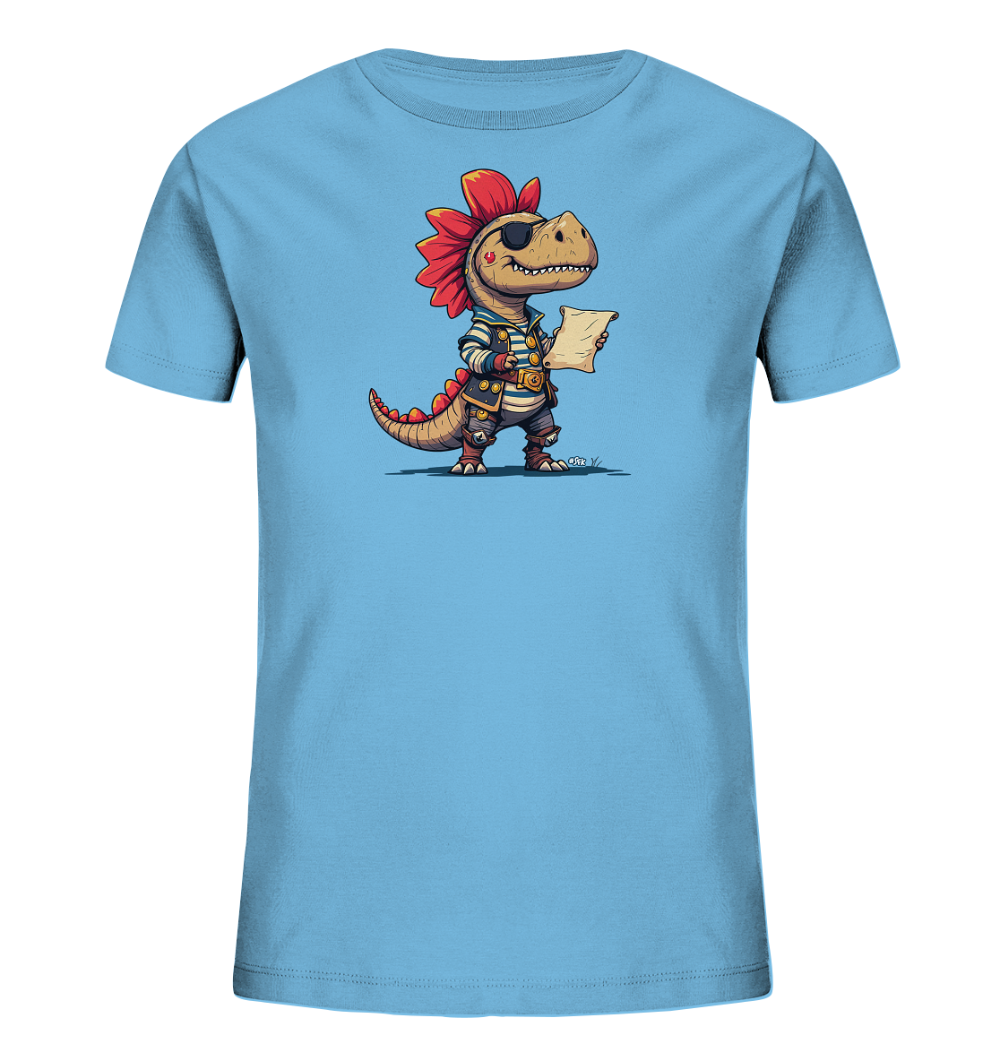 Onlineshop Shirts fuer Kinder - Das Bild zeigt ein hellblaues Kinder-T-Shirt mit einer Comic-Illustration eines Dinosauriers als Pirat. Der Dinosaurier traegt eine Augenklappe und Piratenkleidung und haelt eine aufgerollte Karte. Die Illustration ist detailreich und in verschiedenen Farben gestaltet.