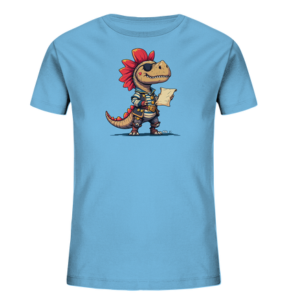 Onlineshop Shirts fuer Kinder - Das Bild zeigt ein hellblaues Kinder-T-Shirt mit einer Comic-Illustration eines Dinosauriers als Pirat. Der Dinosaurier traegt eine Augenklappe und Piratenkleidung und haelt eine aufgerollte Karte. Die Illustration ist detailreich und in verschiedenen Farben gestaltet.