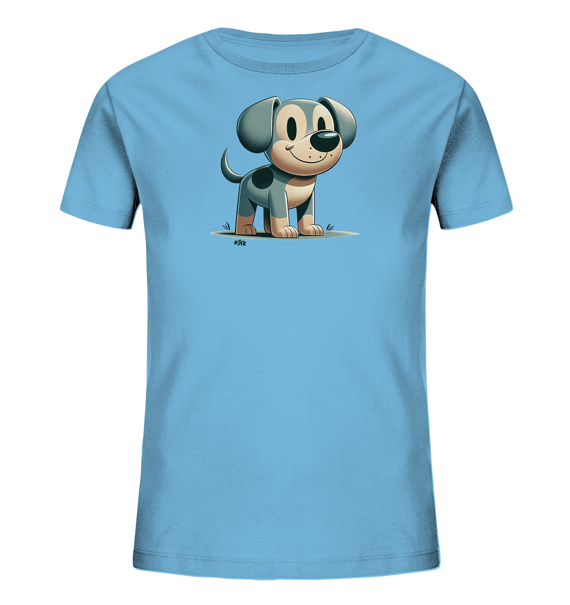 Onlineshop Shirts fuer Kinder - Das Bild zeigt ein hellblaues Kinder-T-Shirt. Darauf ist die Illustration eines kleinen, grauen und beigen Hundes zu sehen. Der Hund steht laechelnd auf einer gruenen Flaeche dargestellt. Das Motiv verleiht dem Shirt einen freundlichen und verspielten Look.
