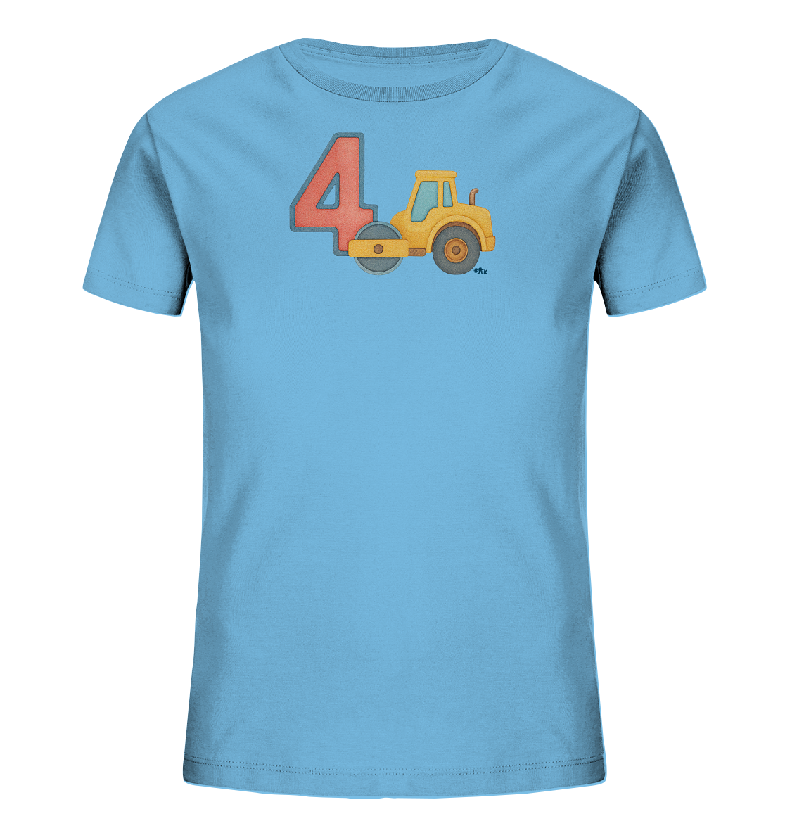 Onlineshop Shirts fuer Kinder - Das Bild zeigt ein hellblaues Kinder T-Shirt mit einem grossen, roten Zahl 4 Motiv auf der Vorderseite. Daneben ist eine gelbe Dampfwalze im Cartoon-Stil abgebildet. Das Design ist zentral platziert und wirkt froehlich sowie kindgerecht.